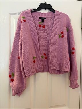 Forever 21 Lilac Cherry Embroidered Open-Front Cardigan